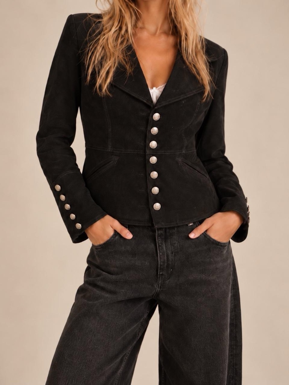 Y2K Black Genuine Suede Leather Tailored Blazer Jacket XL